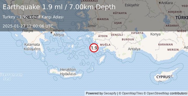 Earthquake DODECANESE IS.-TURKEY BORDER REG (1.9 ml) (2025-01-27 12:00:06 UTC)