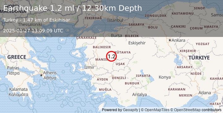 Earthquake WESTERN TURKEY (1.2 ml) (2025-01-27 13:09:09 UTC)