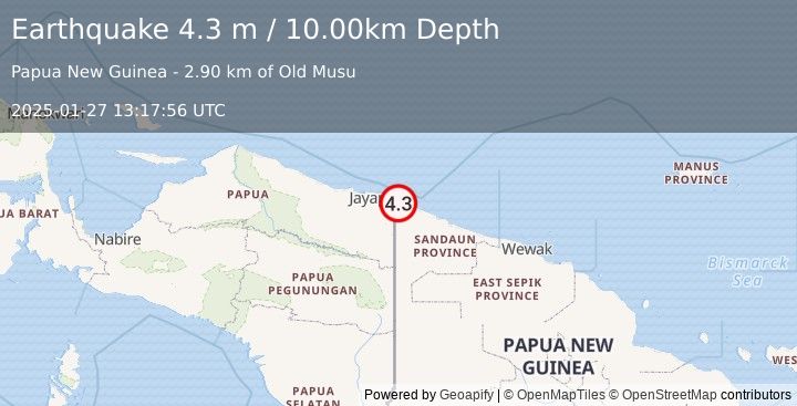 Earthquake NEAR N COAST OF NEW GUINEA, PNG. (4.3 m) (2025-01-27 13:17:56 UTC)