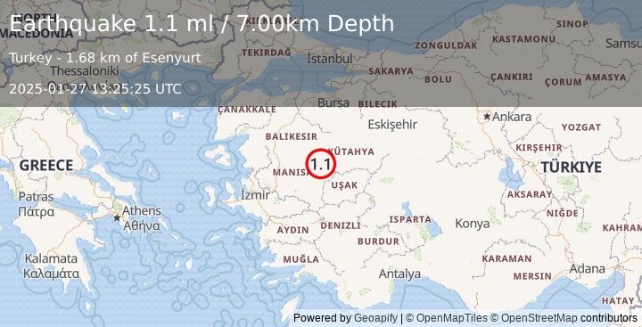 Earthquake WESTERN TURKEY (1.1 ml) (2025-01-27 13:25:25 UTC)