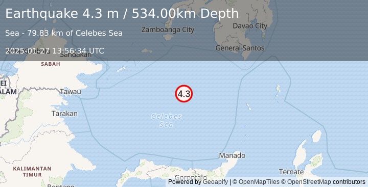 Earthquake CELEBES SEA (4.3 m) (2025-01-27 13:56:34 UTC)