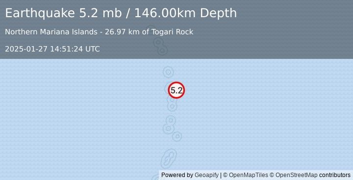 Earthquake PAGAN REG., N. MARIANA ISLANDS (5.4 mb) (2025-01-27 14:51:23 UTC)