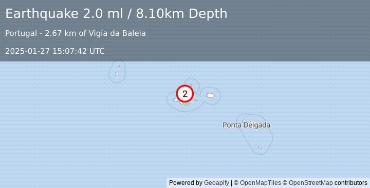 Earthquake AZORES ISLANDS, PORTUGAL (2.0 ml) (2025-01-27 15:07:42 UTC)