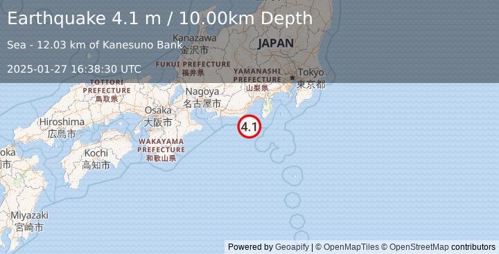 Earthquake NEAR S. COAST OF HONSHU, JAPAN (4.1 m) (2025-01-27 16:38:30 UTC)