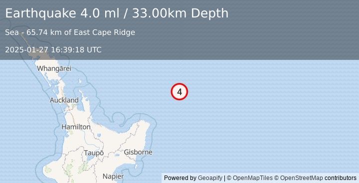 Earthquake OFF E. COAST OF N. ISLAND, N.Z. (4.0 ml) (2025-01-27 16:39:18 UTC)