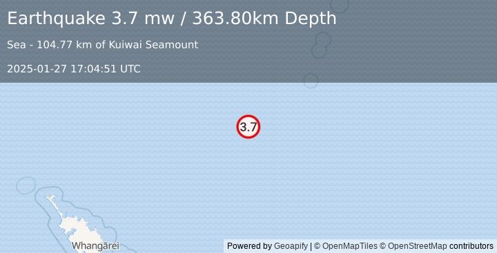 Earthquake SOUTH OF KERMADEC ISLANDS (3.7 mw) (2025-01-27 17:04:51 UTC)