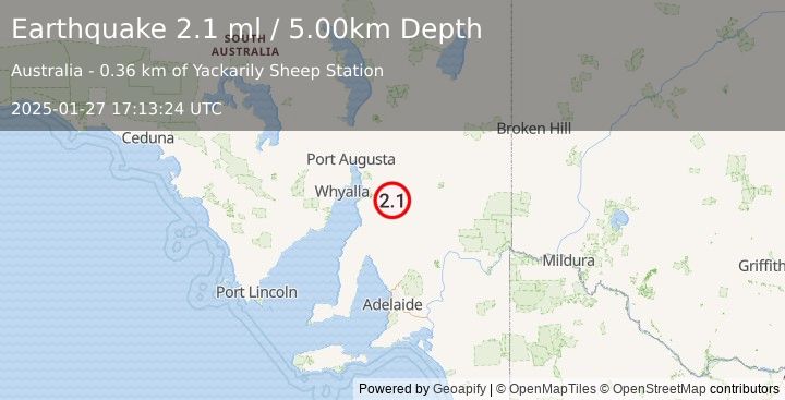 Earthquake NEAR COAST OF SOUTH AUSTRALIA (2.1 ml) (2025-01-27 17:13:24 UTC)