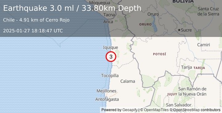 Earthquake TARAPACA, CHILE (3.0 ml) (2025-01-27 18:18:47 UTC)