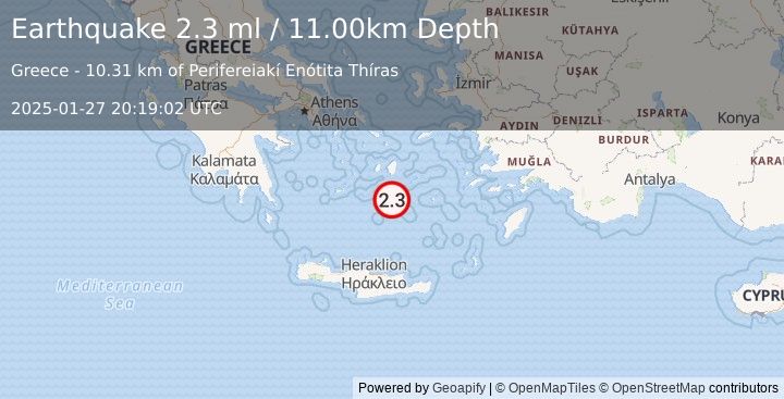 Earthquake DODECANESE ISLANDS, GREECE (2.3 ml) (2025-01-27 20:19:02 UTC)