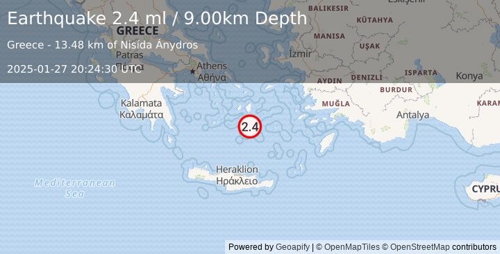 Earthquake DODECANESE ISLANDS, GREECE (2.4 ml) (2025-01-27 20:24:30 UTC)