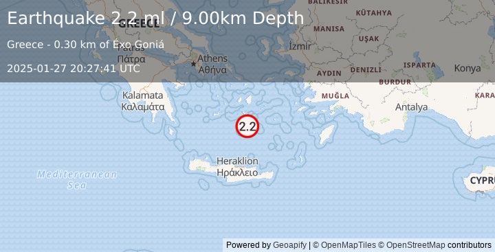 Earthquake DODECANESE ISLANDS, GREECE (2.2 ml) (2025-01-27 20:27:41 UTC)