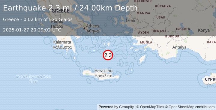 Earthquake DODECANESE ISLANDS, GREECE (2.3 ml) (2025-01-27 20:29:02 UTC)