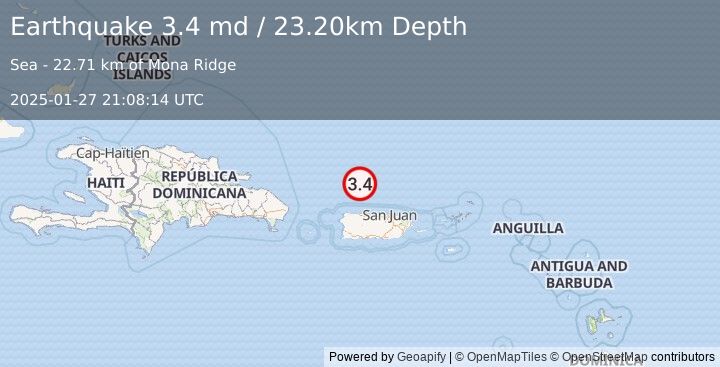 Earthquake PUERTO RICO REGION (3.4 md) (2025-01-27 21:08:14 UTC)