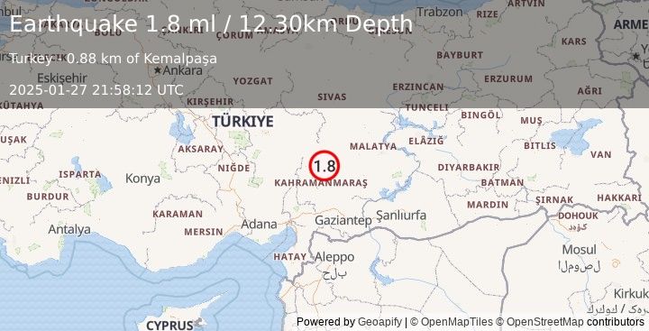 Earthquake CENTRAL TURKEY (1.8 ml) (2025-01-27 21:58:12 UTC)