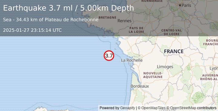 Earthquake BAY OF BISCAY (3.7 ml) (2025-01-27 23:15:14 UTC)