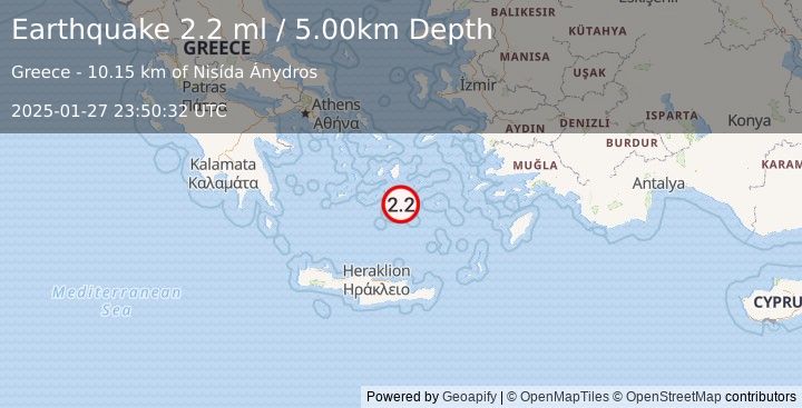 Earthquake DODECANESE ISLANDS, GREECE (2.2 ml) (2025-01-27 23:50:32 UTC)