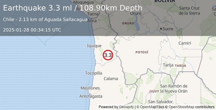 Earthquake TARAPACA, CHILE (3.3 ml) (2025-01-28 00:34:15 UTC)