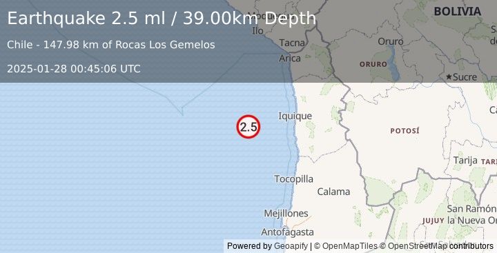 Earthquake OFF COAST OF TARAPACA, CHILE (2.5 ml) (2025-01-28 00:45:06 UTC)