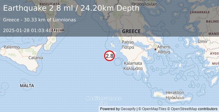 Earthquake IONIAN SEA (2.8 ml) (2025-01-28 01:03:48 UTC)