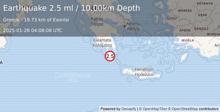 Earthquake SOUTHERN GREECE (2.5 ml) (2025-01-28 04:08:08 UTC)