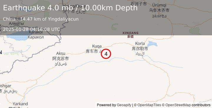 Earthquake SOUTHERN XINJIANG, CHINA (4.0 mb) (2025-01-28 04:16:08 UTC)