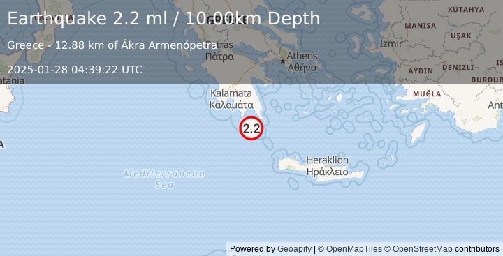 Earthquake SOUTHERN GREECE (2.2 ml) (2025-01-28 04:39:22 UTC)