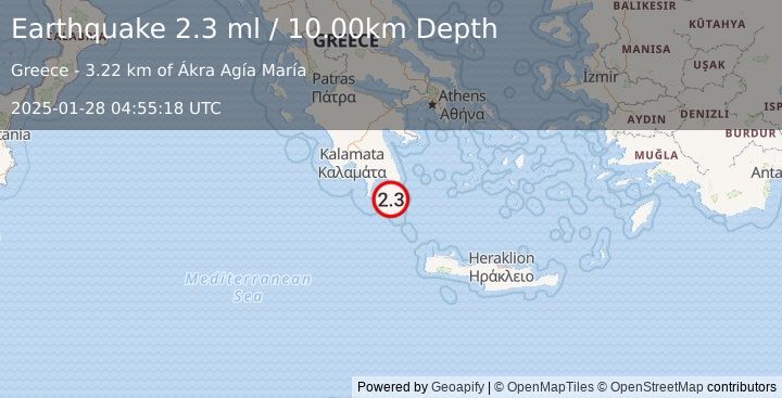 Earthquake SOUTHERN GREECE (2.3 ml) (2025-01-28 04:55:18 UTC)