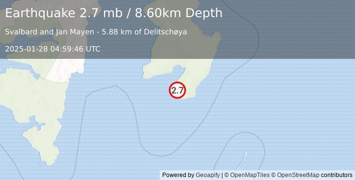 Earthquake SVALBARD REGION (2.7 mb) (2025-01-28 04:59:46 UTC)