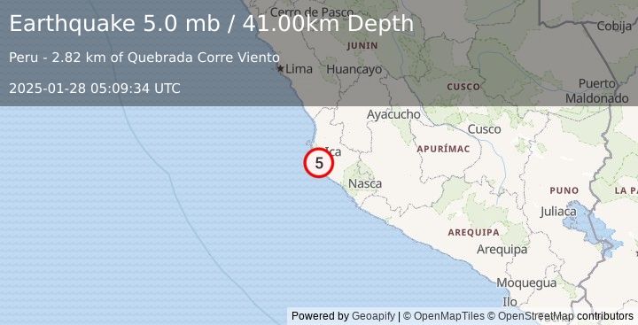 Earthquake NEAR COAST OF CENTRAL PERU (5.0 mb) (2025-01-28 05:09:28 UTC)