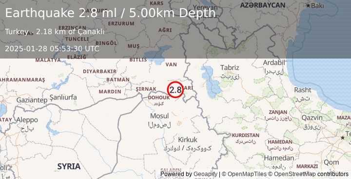 Earthquake TURKEY-IRAQ BORDER REGION (2.8 ml) (2025-01-28 05:53:30 UTC)