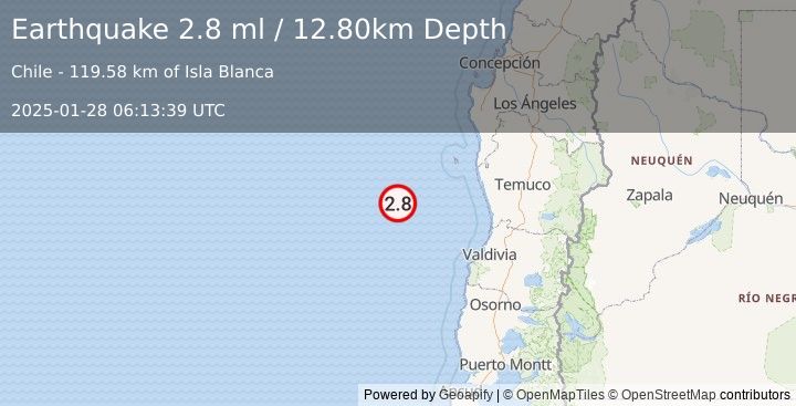 Earthquake OFF COAST OF LOS LAGOS, CHILE (2.8 ml) (2025-01-28 06:13:39 UTC)