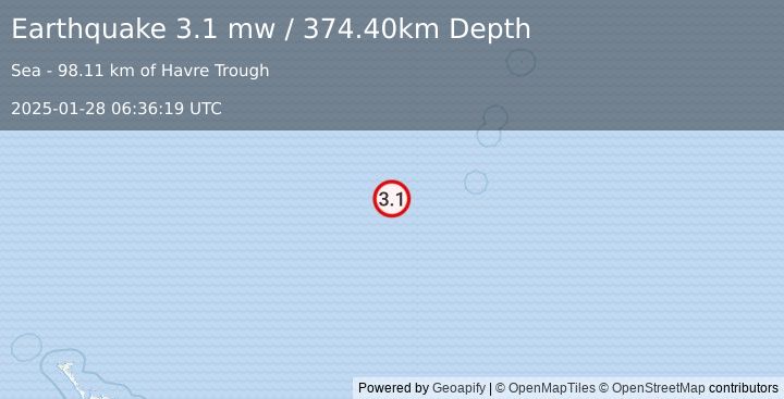 Earthquake KERMADEC ISLANDS REGION (3.1 mw) (2025-01-28 06:36:19 UTC)