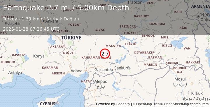 Earthquake CENTRAL TURKEY (2.8 ml) (2025-01-28 07:26:44 UTC)