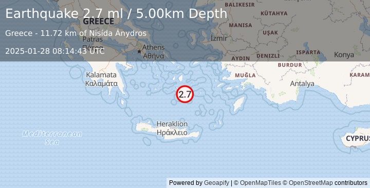 Earthquake DODECANESE ISLANDS, GREECE (2.7 ml) (2025-01-28 08:14:43 UTC)