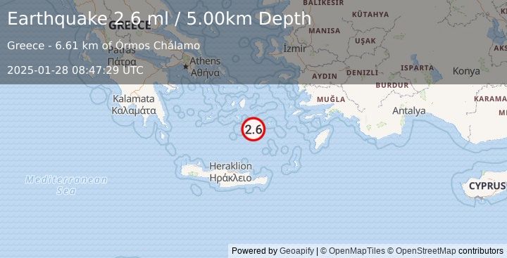 Earthquake DODECANESE ISLANDS, GREECE (2.6 ml) (2025-01-28 08:47:29 UTC)