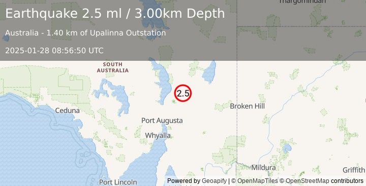 Earthquake SOUTH AUSTRALIA (2.5 ml) (2025-01-28 08:56:50 UTC)