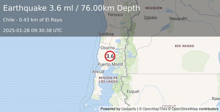 Earthquake LOS LAGOS, CHILE (3.6 ml) (2025-01-28 09:30:39 UTC)