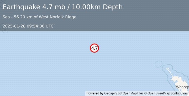 Earthquake NORTHWEST OF NEW ZEALAND (4.7 mb) (2025-01-28 09:54:00 UTC)