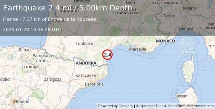 Earthquake NEAR SOUTH COAST OF FRANCE (2.4 ml) (2025-01-28 10:26:28 UTC)