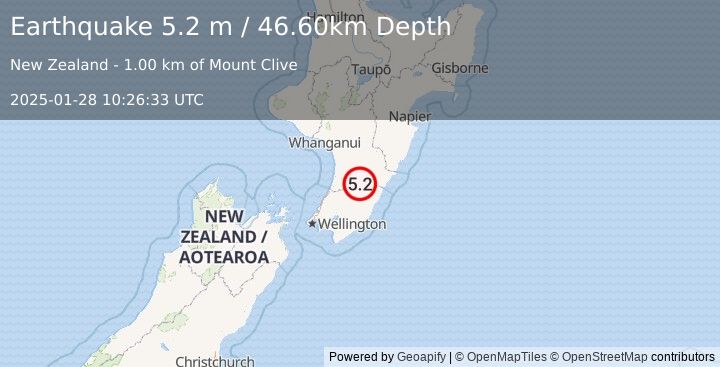 Earthquake NORTH ISLAND OF NEW ZEALAND (5.2 m) (2025-01-28 10:26:33 UTC)