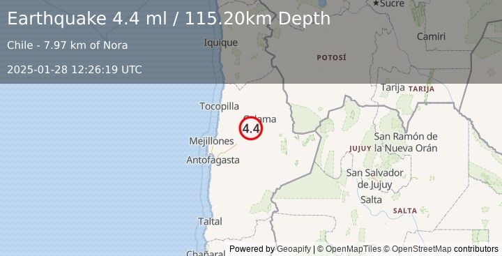 Earthquake ANTOFAGASTA, CHILE (4.4 ml) (2025-01-28 12:26:19 UTC)