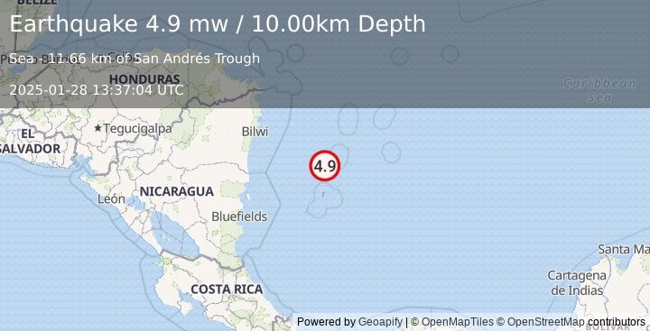 Earthquake CARIBBEAN SEA (4.9 mw) (2025-01-28 13:37:04 UTC)