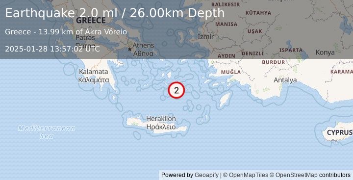 Earthquake DODECANESE ISLANDS, GREECE (2.0 ml) (2025-01-28 13:57:02 UTC)