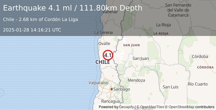 Earthquake COQUIMBO, CHILE (4.1 ml) (2025-01-28 14:16:21 UTC)