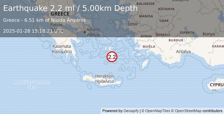 Earthquake DODECANESE ISLANDS, GREECE (2.2 ml) (2025-01-28 15:18:21 UTC)