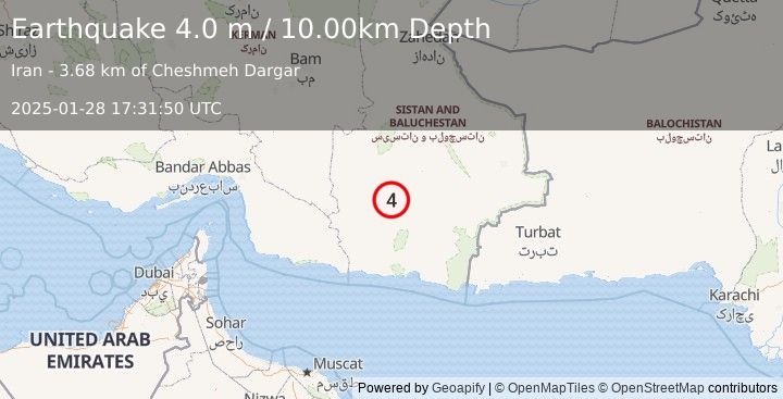 Earthquake SOUTHEASTERN IRAN (4.0 m) (2025-01-28 17:31:50 UTC)