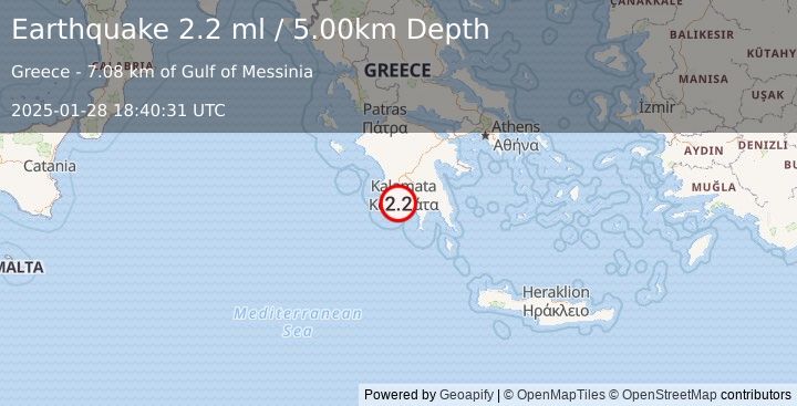 Earthquake SOUTHERN GREECE (2.2 ml) (2025-01-28 18:40:31 UTC)