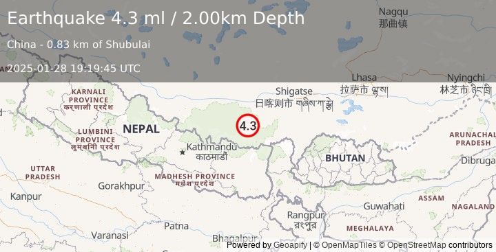 Earthquake WESTERN XIZANG (4.0 ml) (2025-01-28 19:19:50 UTC)