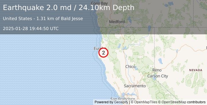 Earthquake NORTHERN CALIFORNIA (2.0 md) (2025-01-28 19:44:50 UTC)