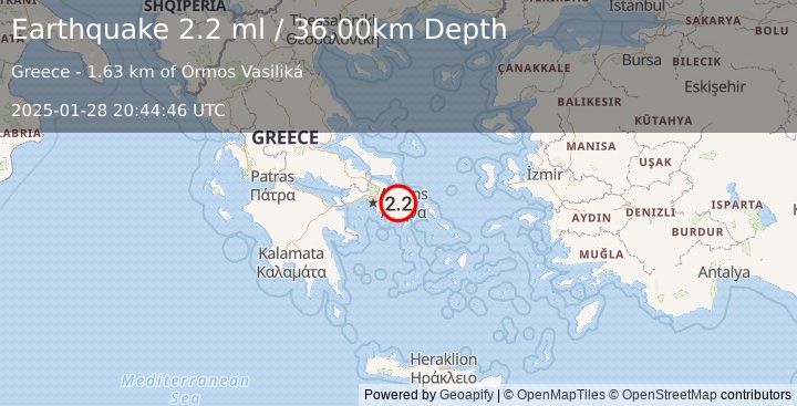 Earthquake SOUTHERN GREECE (2.2 ml) (2025-01-28 20:44:46 UTC)